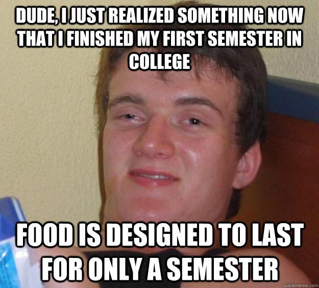 Dude, I just realized something now that I finished my first semester in college Food is designed to last for only a semester  10 Guy