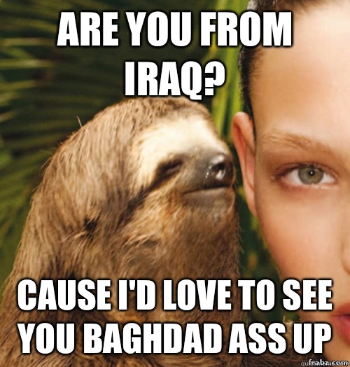 Are you from Iraq? Cause I'd love to see you Baghdad ass up  rape sloth