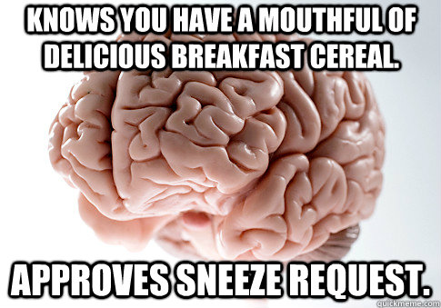 Knows you have a mouthful of delicious breakfast cereal. Approves sneeze request.  Scumbag Brain