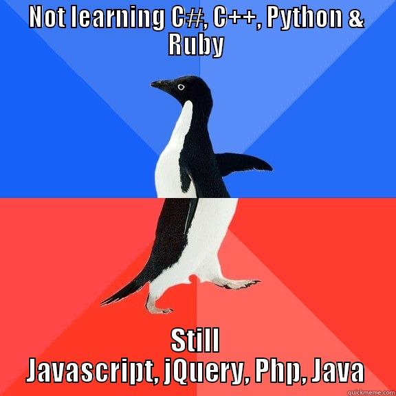 NOT LEARNING C#, C++, PYTHON & RUBY STILL JAVASCRIPT, JQUERY, PHP, JAVA Socially Awkward Awesome Penguin