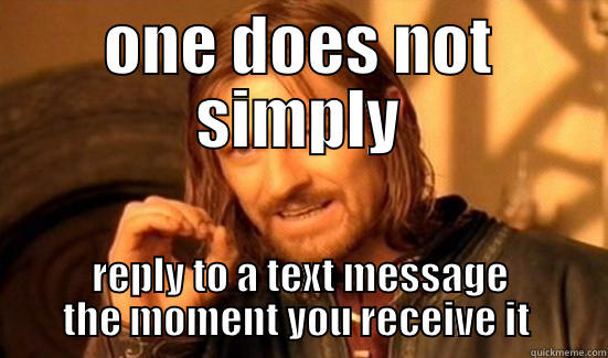 one does not simply reply to a text message the moment you receive it - ONE DOES NOT SIMPLY REPLY TO A TEXT MESSAGE THE MOMENT YOU RECEIVE IT  Boromir