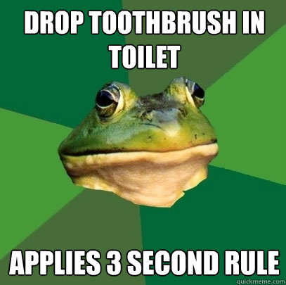 Drop toothbrush in toilet applies 3 second rule  Foul Bachelor Frog