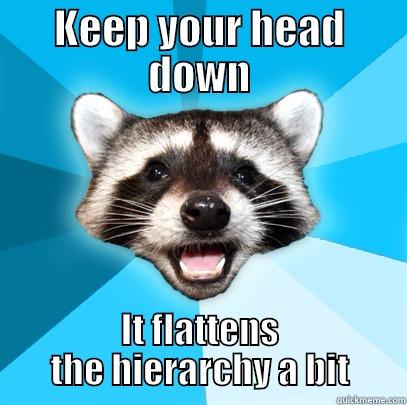 KEEP YOUR HEAD DOWN IT FLATTENS THE HIERARCHY A BIT Lame Pun Coon