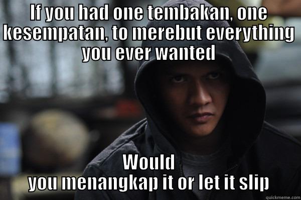 IF YOU HAD ONE TEMBAKAN, ONE KESEMPATAN, TO MEREBUT EVERYTHING YOU EVER WANTED WOULD YOU MENANGKAP IT OR LET IT SLIP Misc