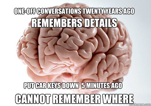 Remembers details cannot remember where one-off conversations twenty years ago put car keys down  5 minutes ago - Remembers details cannot remember where one-off conversations twenty years ago put car keys down  5 minutes ago  Scumbag Brain