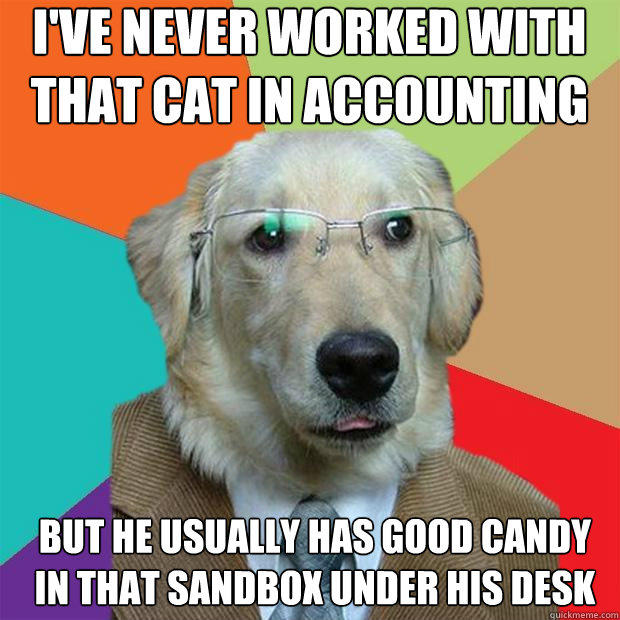 I've never worked with that cat in accounting
 but he usually has good candy in that sandbox under his desk  