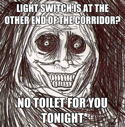 Light switch is at the other end of the corridor? no toilet for you tonight  Horrifying Houseguest