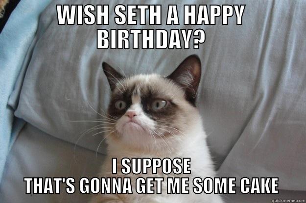 WISH SETH A HAPPY BIRTHDAY? I SUPPOSE THAT'S GONNA GET ME SOME CAKE Grumpy Cat