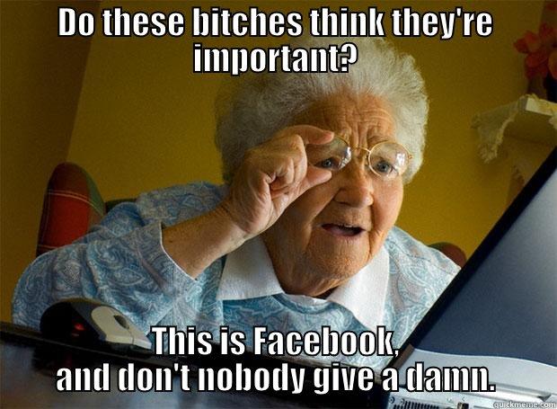 DO THESE BITCHES THINK THEY'RE IMPORTANT? THIS IS FACEBOOK, AND DON'T NOBODY GIVE A DAMN. Grandma finds the Internet