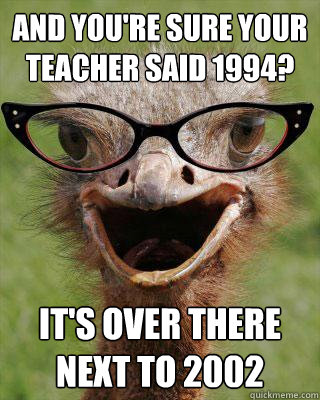 And you're sure your teacher said 1994? It's over there next to 2002  Judgmental Bookseller Ostrich