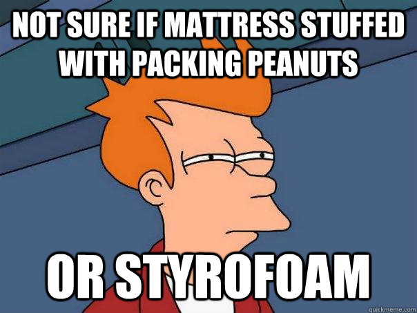 not sure if mattress stuffed with packing peanuts or styrofoam  Futurama Fry