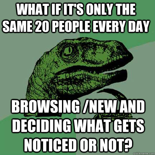 What if it's only the same 20 people every day browsing /new and deciding what gets noticed or not?  Philosoraptor