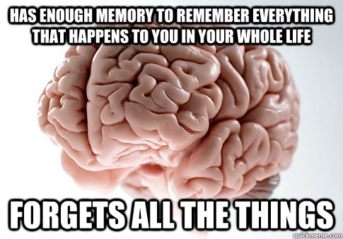 HAS ENOUGH MEMORY TO REMEMBER EVERYTHING THAT HAPPENS TO YOU IN YOUR WHOLE LIFE FORGETS ALL THE THINGS - HAS ENOUGH MEMORY TO REMEMBER EVERYTHING THAT HAPPENS TO YOU IN YOUR WHOLE LIFE FORGETS ALL THE THINGS  Scumbag Brain