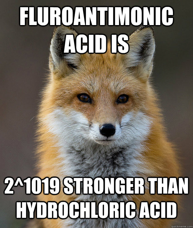 fluroantimonic acid is 2^1019 stronger than hydrochloric acid  Fun Fact Fox