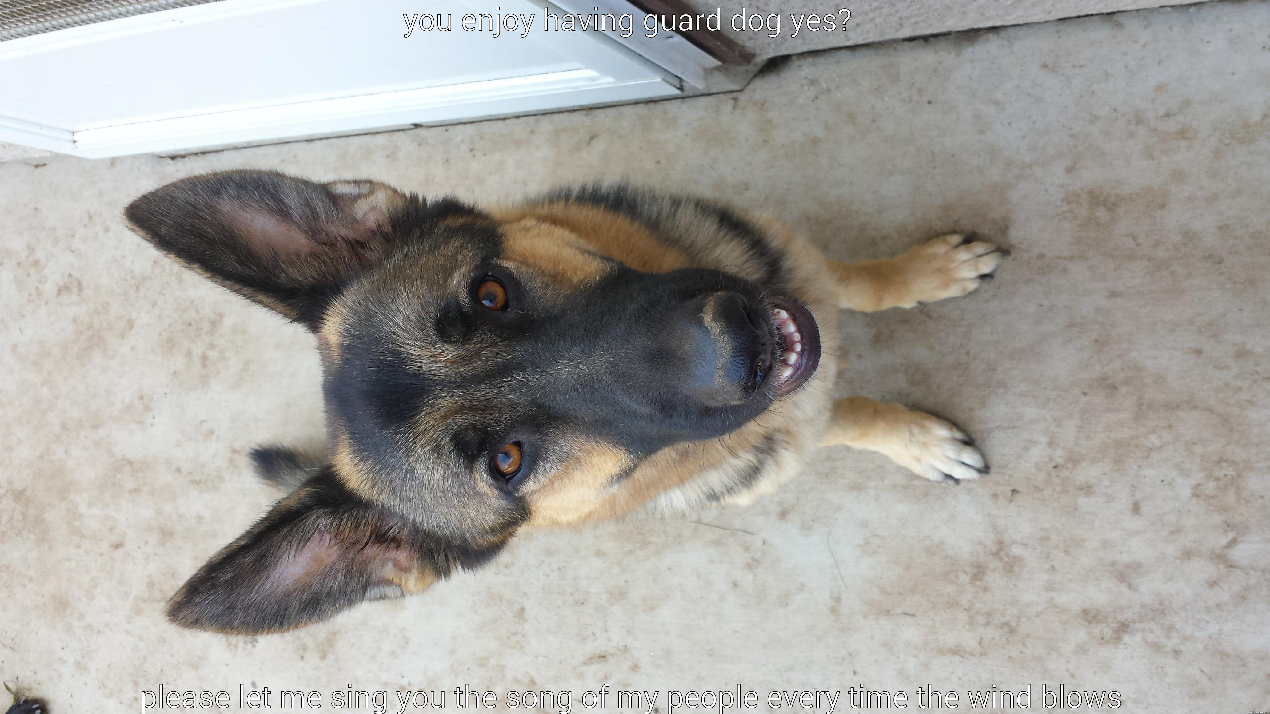 YOU ENJOY HAVING GUARD DOG YES?  PLEASE LET ME SING YOU THE SONG OF MY PEOPLE EVERY TIME THE WIND BLOWS Misc