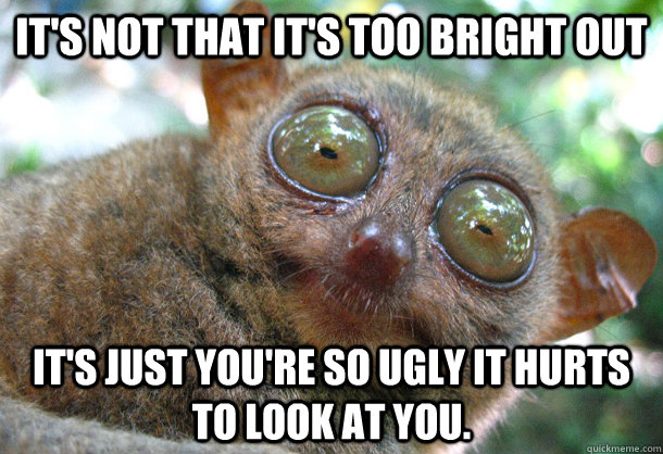 It's not that it's too bright out It's just you're so ugly it hurts to look at you.  Surprised bush baby