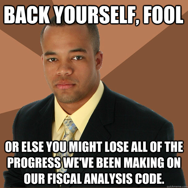 Back yourself, fool or else you might lose all of the progress we've been making on our fiscal analysis code. - Back yourself, fool or else you might lose all of the progress we've been making on our fiscal analysis code.  Successful Black Man