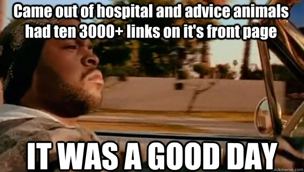 Came out of hospital and advice animals had ten 3000+ links on it's front page IT WAS A GOOD DAY  It was a good day