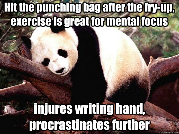 Hit the punching bag after the fry-up, exercise is great for mental focus injures writing hand, procrastinates further  Procrastination Panda