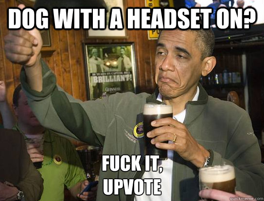 Dog with a headset on? Fuck it,
Upvote  Upvoting Obama