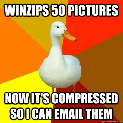 winzips 50 pictures now it's compressed so i can email them  Tech Impaired Duck