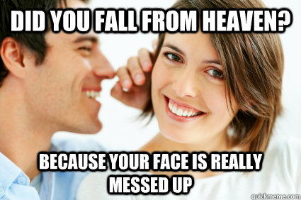 Did you fall from heaven? because your face is really messed up  Bad Pick-up line Paul