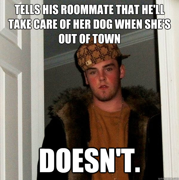 tells his roommate that he'll take care of her dog when she's out of town doesn't.  Scumbag Steve