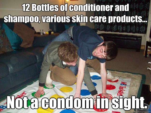 12 Bottles of conditioner and shampoo, various skin care products...  Not a condom in sight.  