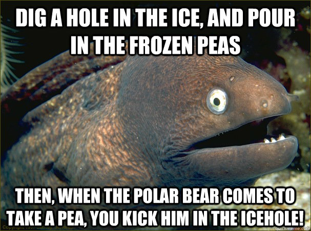 Dig a hole in the ice, and pour in the frozen peas Then, when the polar bear comes to take a pea, you kick him in the icehole! - Dig a hole in the ice, and pour in the frozen peas Then, when the polar bear comes to take a pea, you kick him in the icehole!  Bad Joke Eel