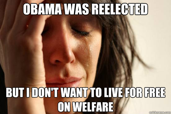 obama was reelected but i don't want to live for free on welfare  First World Problems