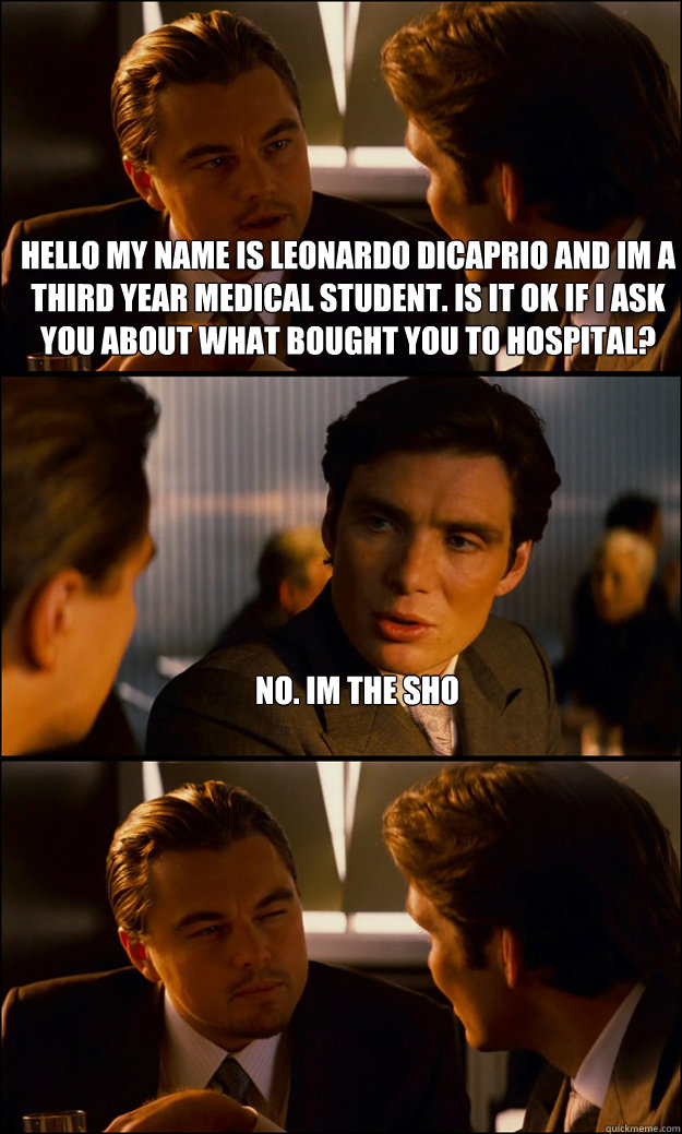 hello my name is leonardo dicaprio and im a third year medical student. is it ok if i ask you about what bought you to hospital? no. im the sho   Inception