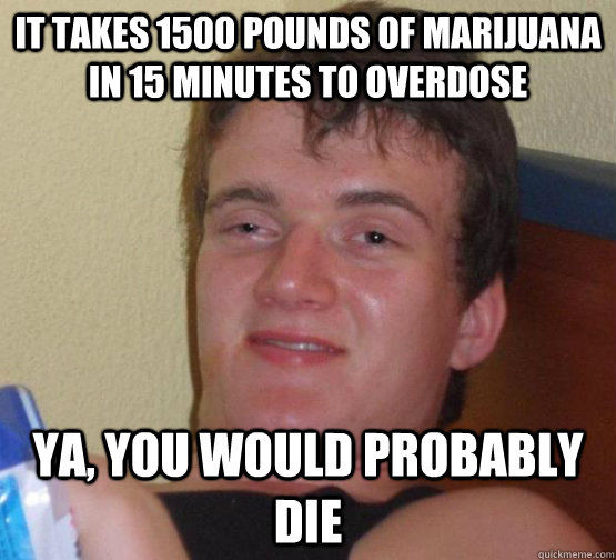 It takes 1500 pounds of marijuana in 15 minutes to overdose Ya, you would probably die  stoner guy