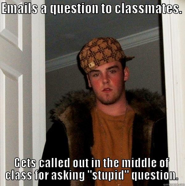 EMAILS A QUESTION TO CLASSMATES.  GETS CALLED OUT IN THE MIDDLE OF CLASS FOR ASKING 