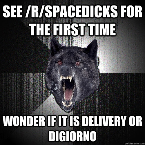 see /r/spacedicks for the first time wonder if it is delivery or digiorno  Insanity Wolf