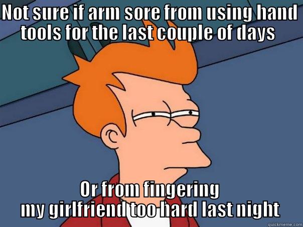 NOT SURE IF ARM SORE FROM USING HAND TOOLS FOR THE LAST COUPLE OF DAYS  OR FROM FINGERING MY GIRLFRIEND TOO HARD LAST NIGHT Futurama Fry