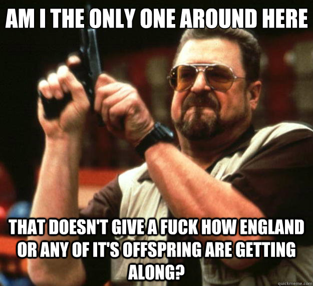 Am I the only one around here That doesn't give a fuck how England or any of it's offspring are getting along?  Big Lebowski