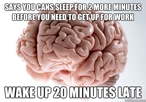 says you cans sleep for 2 more minutes before you need to get up for work Wake up 20 minutes late  Scumbag Brain