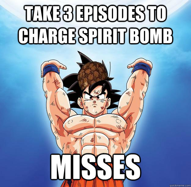 Take 3 episodes to charge spirit bomb MIsses  Scumbag Goku