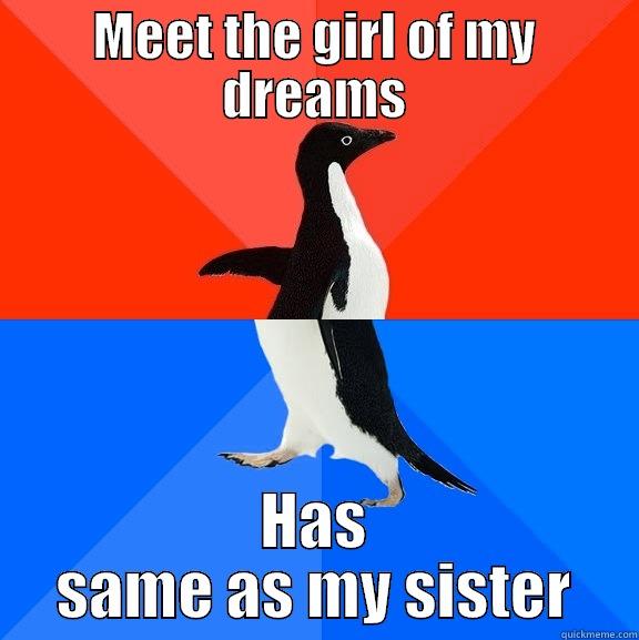 Only could be a sitcom. - MEET THE GIRL OF MY DREAMS HAS SAME AS MY SISTER Socially Awesome Awkward Penguin