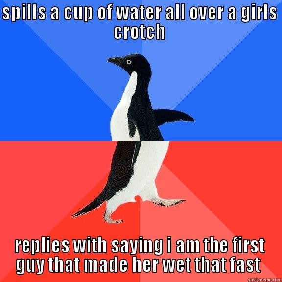 SPILLS A CUP OF WATER ALL OVER A GIRLS CROTCH REPLIES WITH SAYING I AM THE FIRST GUY THAT MADE HER WET THAT FAST  Socially Awkward Awesome Penguin