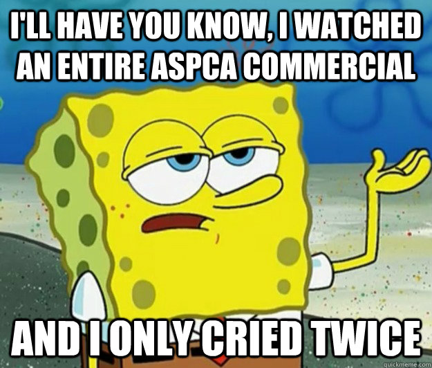 I'll have you know, I watched an entire aspca commercial  and i only cried twice  Tough Spongebob