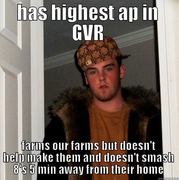 HAS HIGHEST AP IN GVR FARMS OUR FARMS BUT DOESN'T HELP MAKE THEM AND DOESN'T SMASH 8'S 5 MIN AWAY FROM THEIR HOME Scumbag Steve