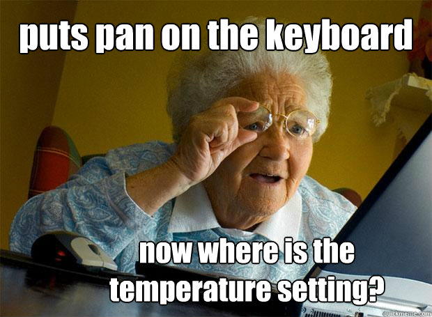 puts pan on the keyboard now where is the temperature setting?  Grandma finds the Internet