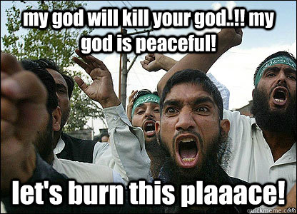 my god will kill your god..!! my god is peaceful! let's burn this plaaace!  