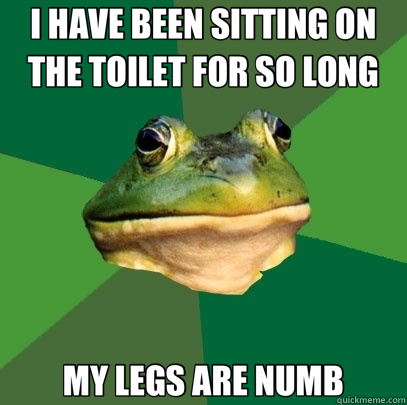 I HAVE BEEN SITTING ON THE TOILET FOR SO LONG MY LEGS ARE NUMB - I HAVE BEEN SITTING ON THE TOILET FOR SO LONG MY LEGS ARE NUMB  Foul Bachelor Frog