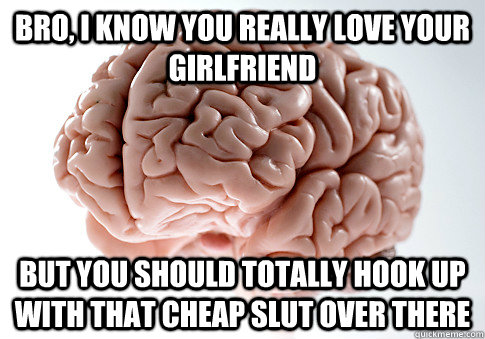 Bro, I know you really love your girlfriend but you should totally hook up with that cheap slut over there  Scumbag Brain