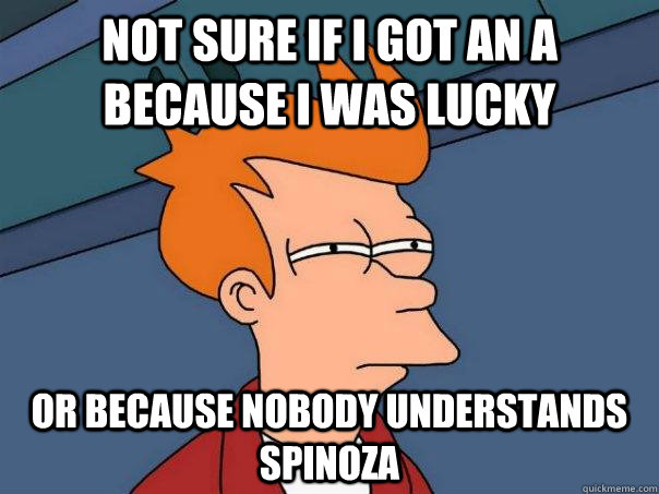 not sure if i got an a because I was lucky or because nobody understands spinoza - not sure if i got an a because I was lucky or because nobody understands spinoza  Futurama Fry