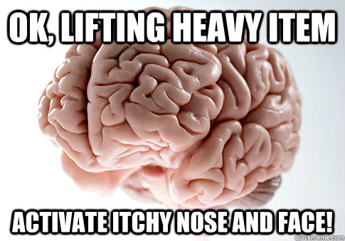 OK, lifting heavy item activate itchy nose and face!  Scumbag Brain