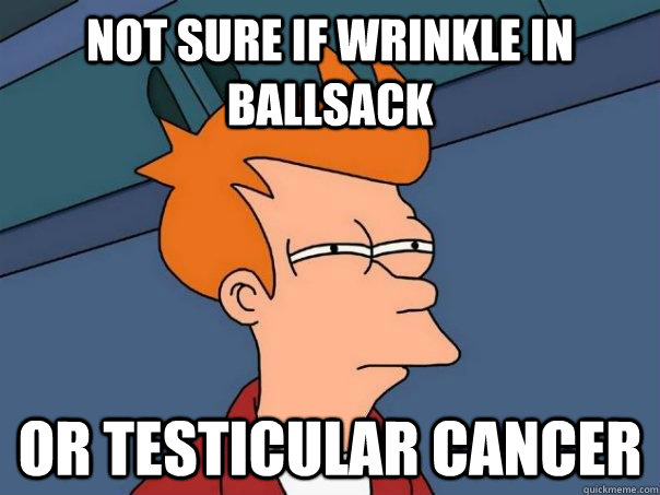 Not sure if wrinkle in ballsack Or testicular cancer  Futurama Fry