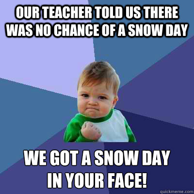 Our teacher told us there was no chance of a snow day We got a snow day
IN YOUR FACE!  Success Kid